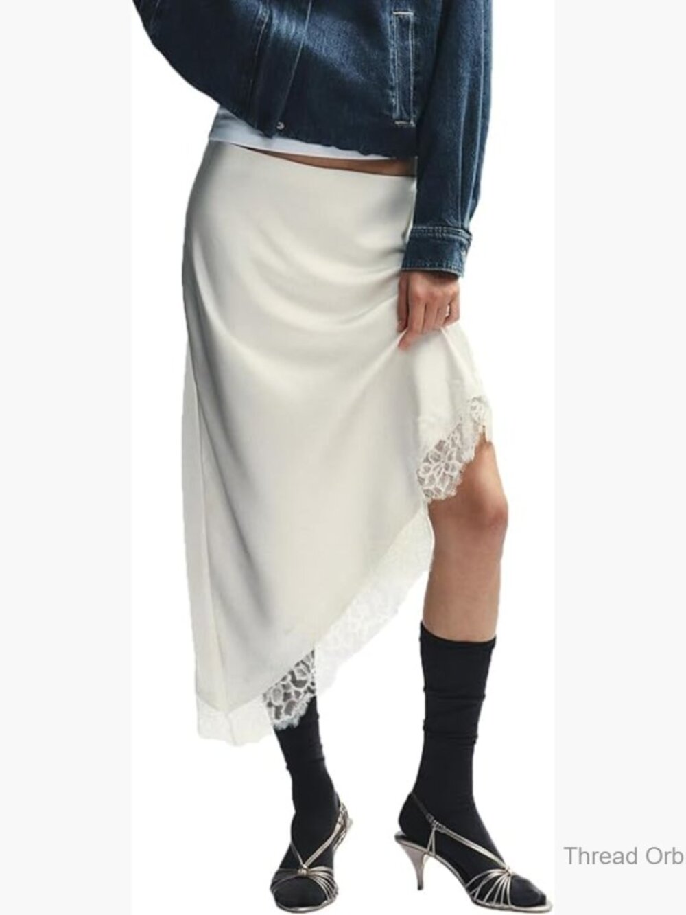 Satin Lace Trim Midi Skirt Elastic Waist Asymmetric Hem Slip